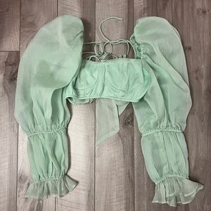 Mint Green Sheer Puff Sleeve Top